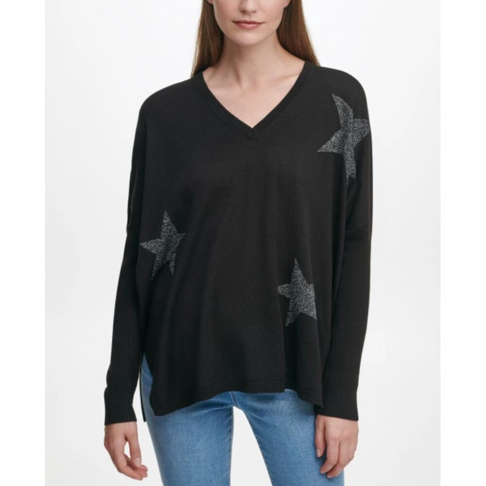 DKNY Lightweight Sweater Top Women's SMALL Black Silver Stars V-Neck Relaxed NEW